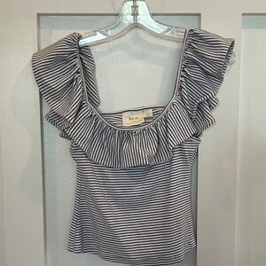 Maeve Navy and White Striped Ruffle Top